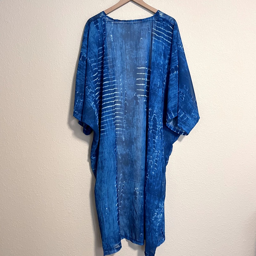 Blue Tie Dye Long Kimono Sleeve Swim Women's Coverup Boho Kaftan Cruise Wear - Picture 8 of 9
